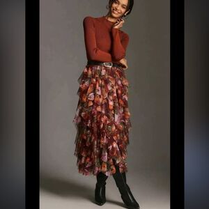 Anthropologie The Cheri Ruffled Burgundy Floral Print Tulle Midi Skirt NWOT